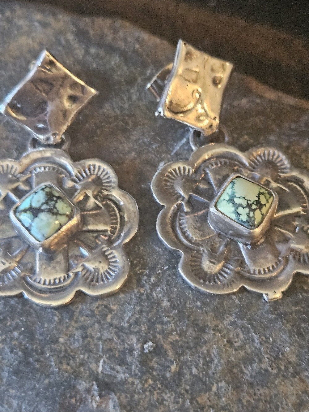 Navajo Concho Turquoise Sterling Silver Earrings - Picture 6 of 6